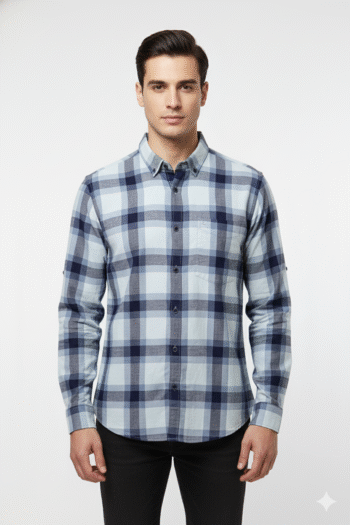 Men’s Blue & White Large Checked Casual Cotton Shirt