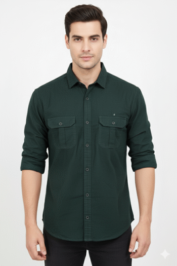 Men’s Dark Green Dual Pocket Cotton Casual Shirt