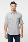 Men’s Light Grey Twill Cotton Shirt with Dual Flap Pockets