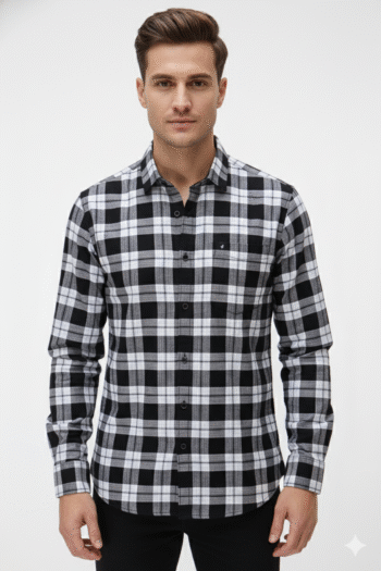 Men’s Black & White Large Checkered Cotton Casual Shirt