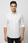 Men’s White Leaf-Printed Cotton Casual Shirt