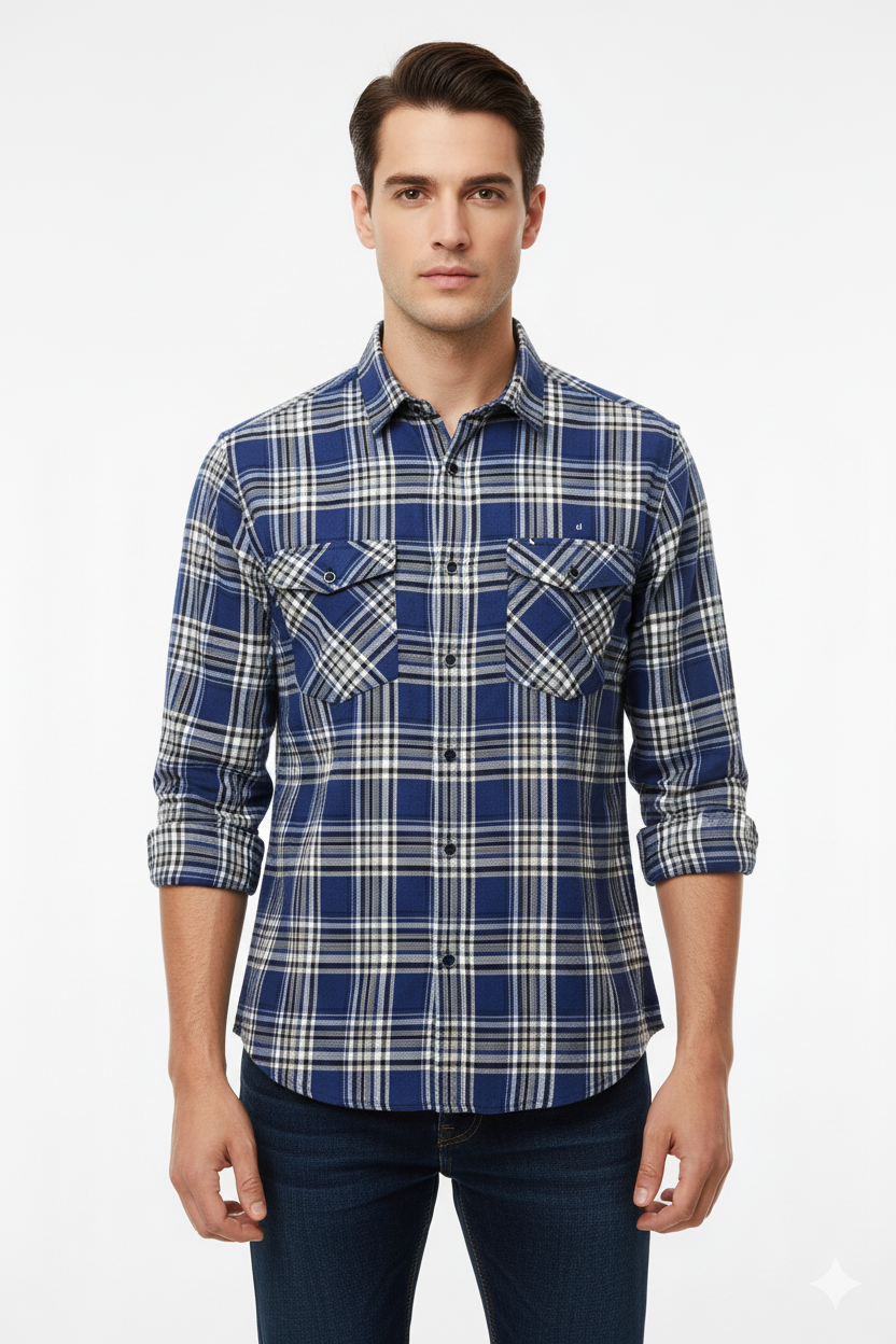 Men’s Blue & White Checked Slim Fit Flannel Shirt