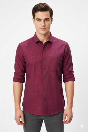 Wine Red Textured Cotton Casual Shirt for Men