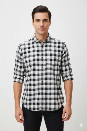 Men’s Black & White Checked Cotton Casual Shirt