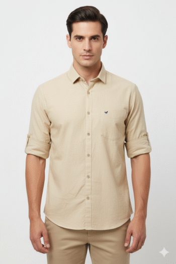 Men’s Beige Solid Cotton Casual Shirt