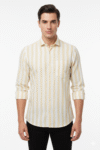 Men’s Yellow & White Vertical Striped Casual Slim-Fit Shirt