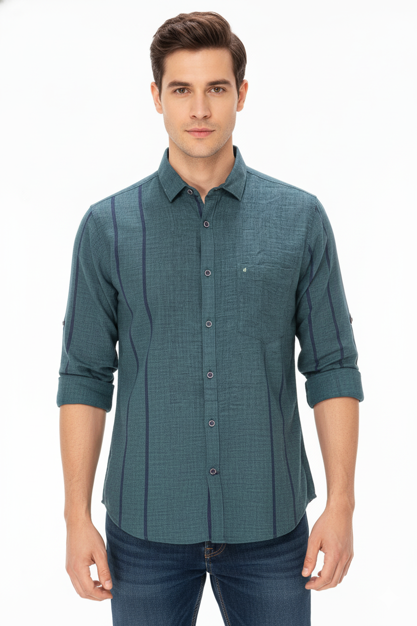 Men’s Teal Textured Cotton Shirt with Subtle Vertical Stripes