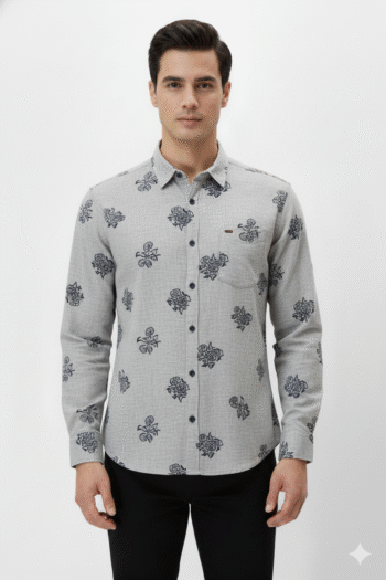 Men’s Light Grey Floral Printed Slim-Fit Casual Shirt