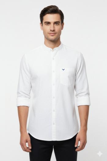 Men’s White Mandarin Collar Cotton Casual Shirt