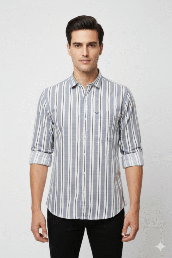 Men’s Blue & White Vertical Striped Cotton Casual Shirt