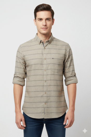 Men’s Beige Striped Casual Cotton Shirt