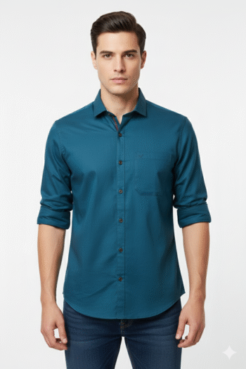 Men’s Teal Blue Solid Cotton Casual Shirt